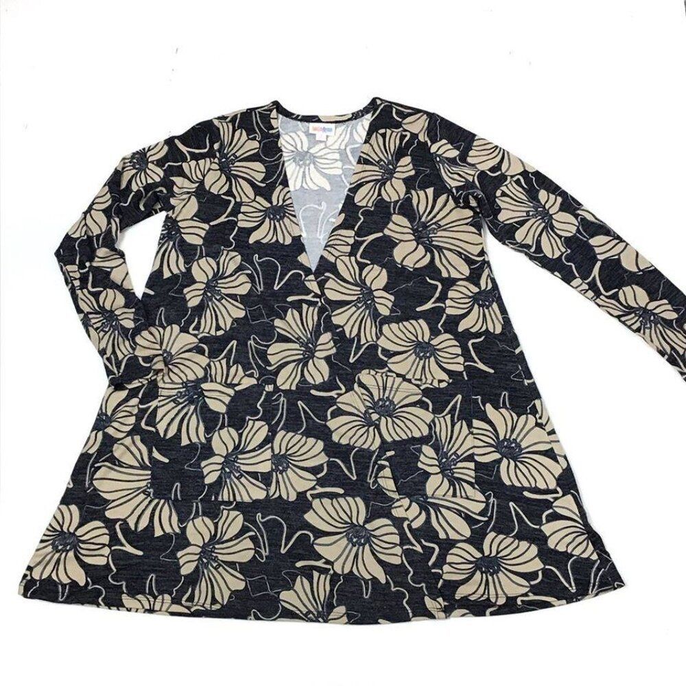 NEW L LuLaRoe Caroline Long Sleeve Swing Cardigan Sweater Black Tan Floral Open